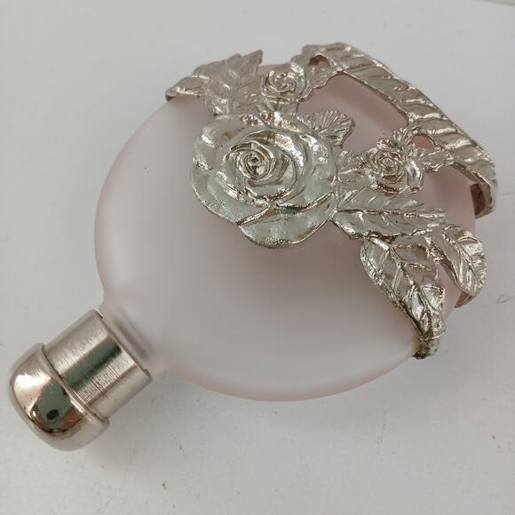 Vintage Silvestri Pink Frosted Glass & Pewter Rose Perfume Bottle 3.75" - Empty - Picture 7 of 10